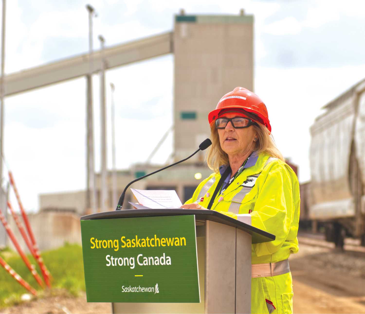 Colleen Young, Saskatchewan�s Minister of Energy and Resources, speaking at an event at the Belle Plaine mine recently.